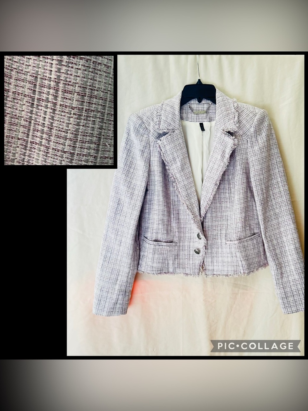 Tweed Cropped Fringe Blazer Soft Grey/Cream & Maroon Weave Size 12